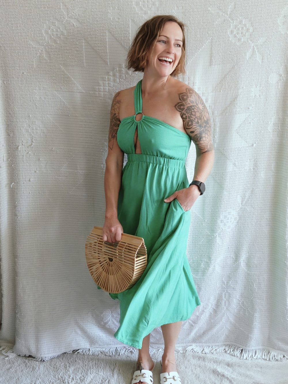 SHEIN Green Linen Blend One Shoulder Midi Dress Cutout Elastic Waist |Size Large